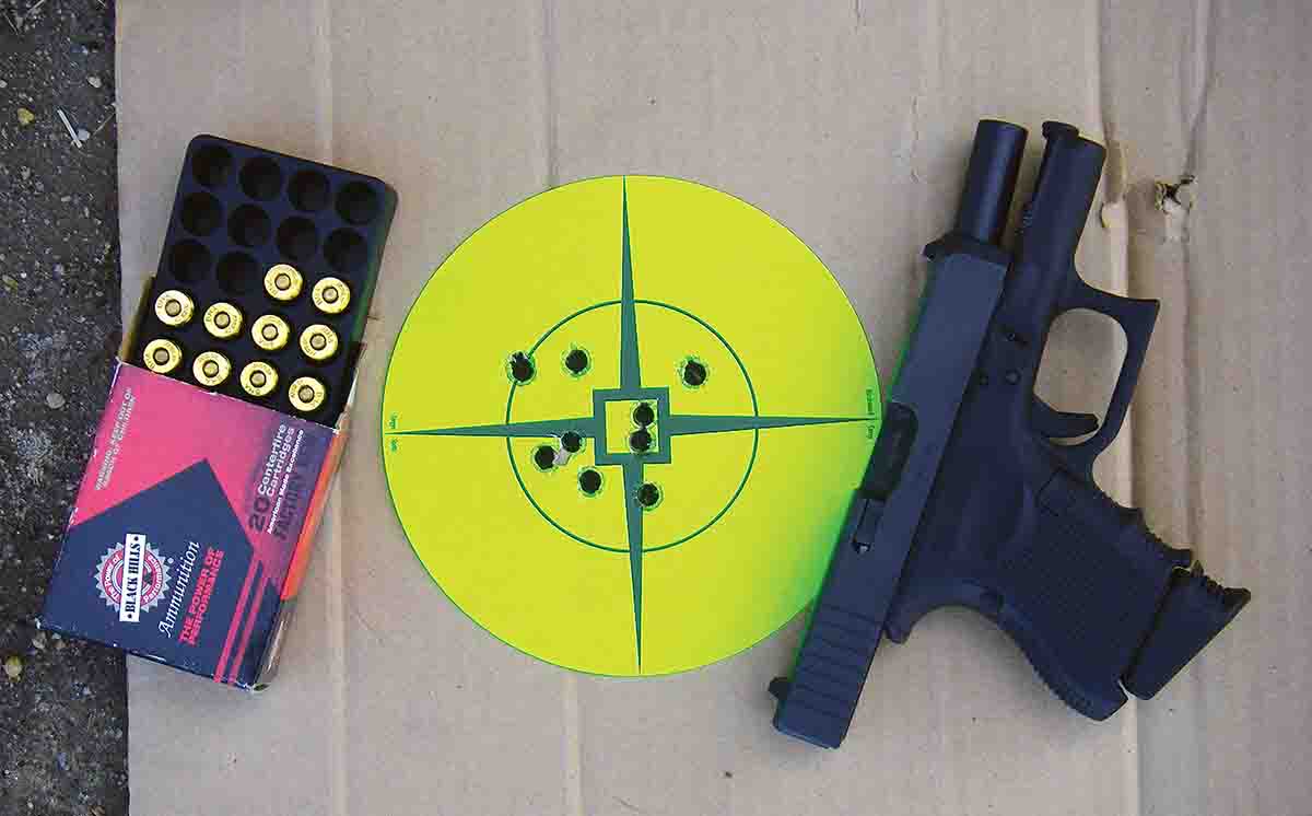 The test sample provided good accuracy. This 10-round, 20-yard group was shot with Black Hills 155-grain JHP loads.